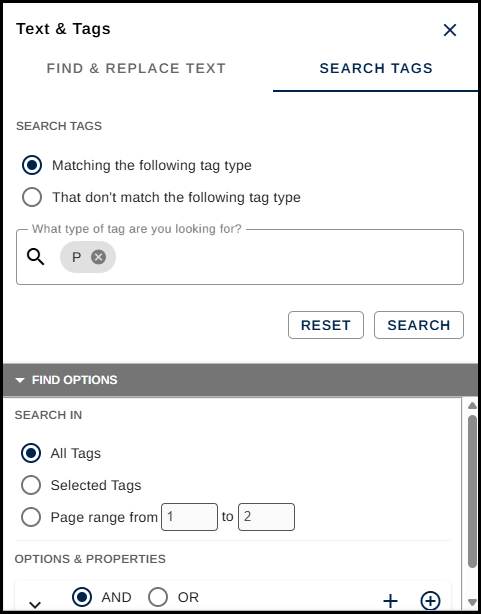 Screenshot of the Search Tags panel with the Advanced Options and Find options menus open. 