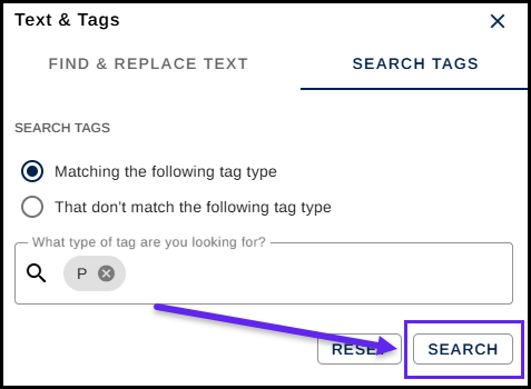 The Search button is highlighted in the Search Tags panel.  