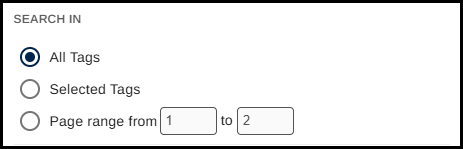 Screenshot of the search tags, find options, radio buttons of all tags, selected tags, and page ranges from.