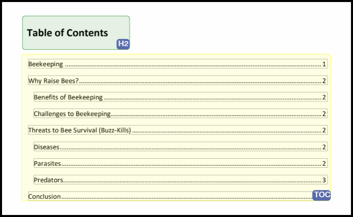 Screenshot showing a Table of Contents in a TOC container. Above and outside the TOC container, there is an H2 containing the text "Table of Contents."