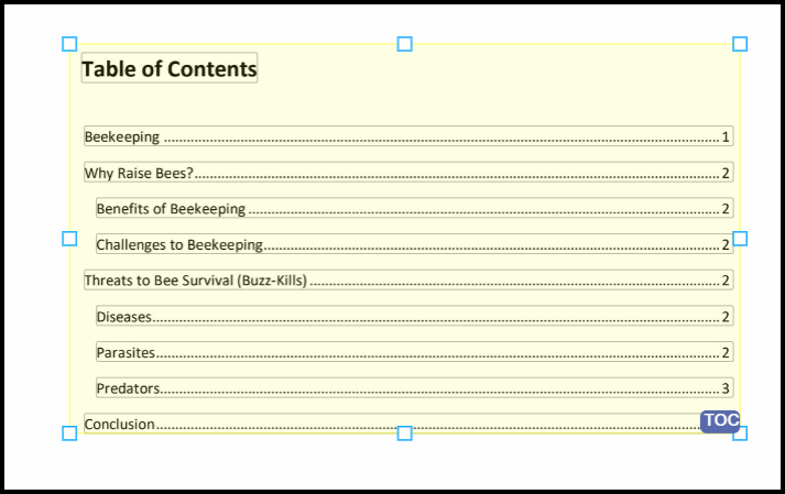 Screenshot showing a Table of Contents in a TOC container. Above and inside the same TOC container, there is "Table of Contents" text.