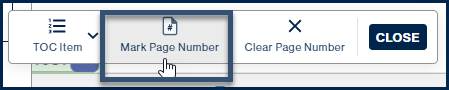 The "Mark Page Number" button is highlighted in the TOC "child toolbar."