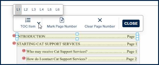 A TOC Item is selected, the TOC Item menu is expanded, and "L1" is highlighted to assign a TOC Item to level 1. 