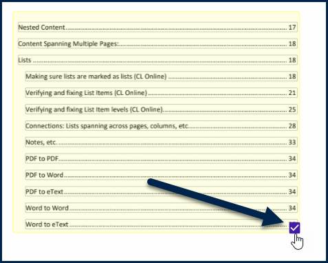 A TOC container is shown on page 2 of the document and the checkbox, in the lower right corner, has been checked.