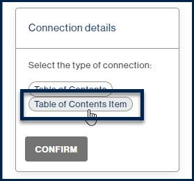 Screenshot of the "Connection details" with "Table of Contents Item" highlighted.