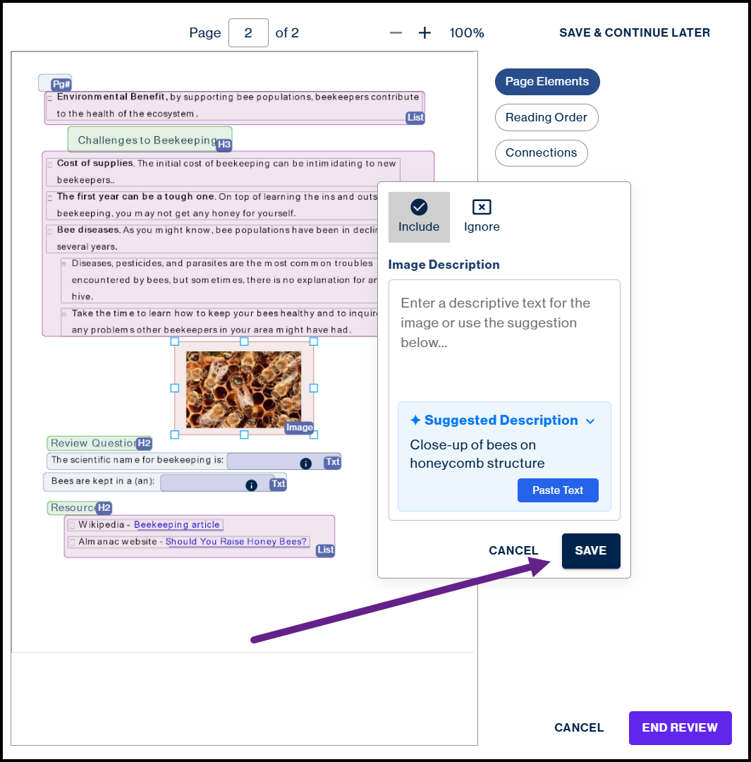 Save button highlighted after Image Description has been pasted into the field.