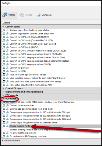 Screenshot of the "PDF fixups" dropdown opened up and an arrow pointing to "Embed missing fonts" which is selected.
