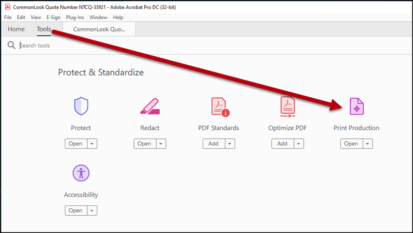 Screenshot of Acrobat interface with an arrow pointing from the Tools screen to the Print Production Icon.