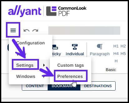 Screenshot showing the hamburger menu expanded and Settings and Preferences are highlighted. 