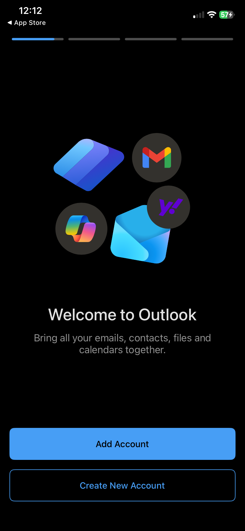 Outlook welcome screen with the Add Account button