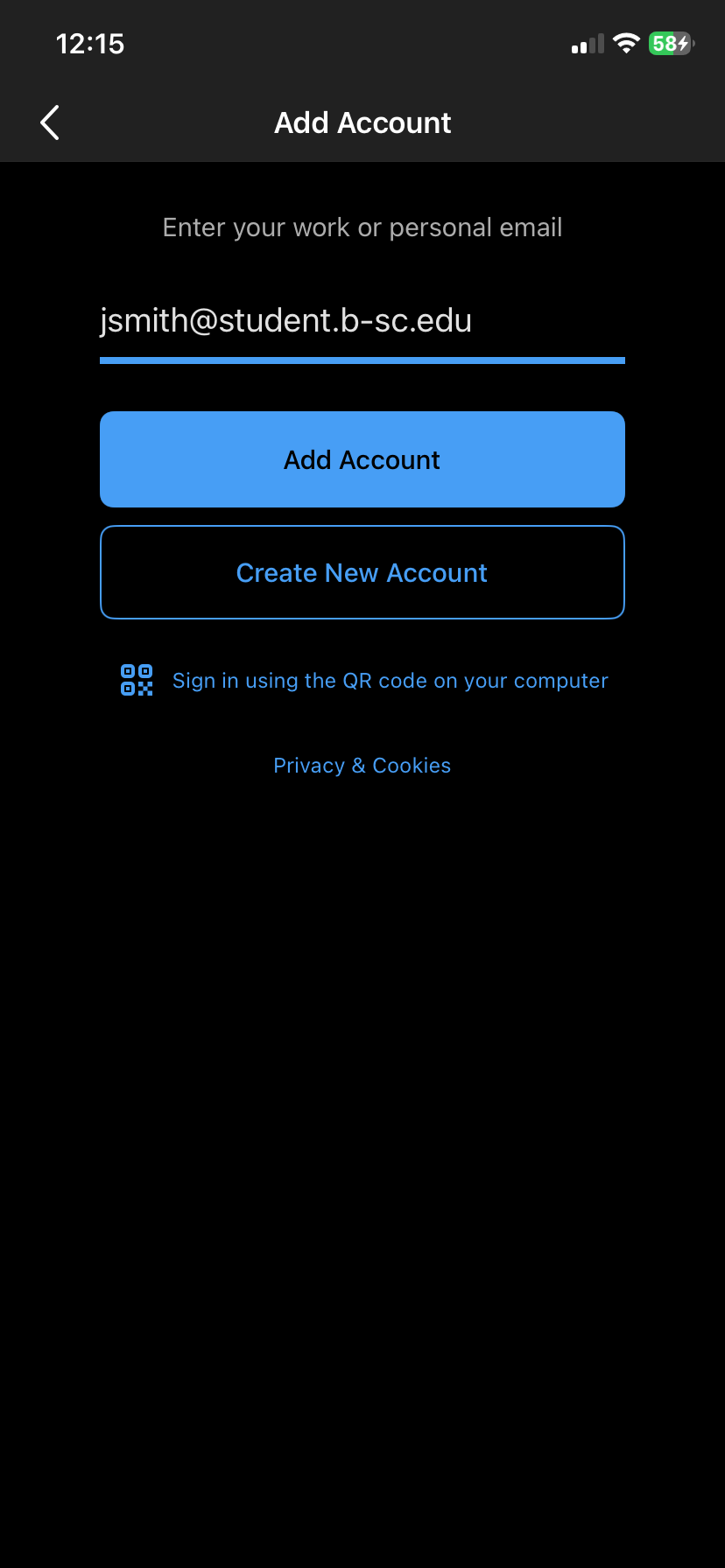 Outlook Add Account screen with a BSC email address entered