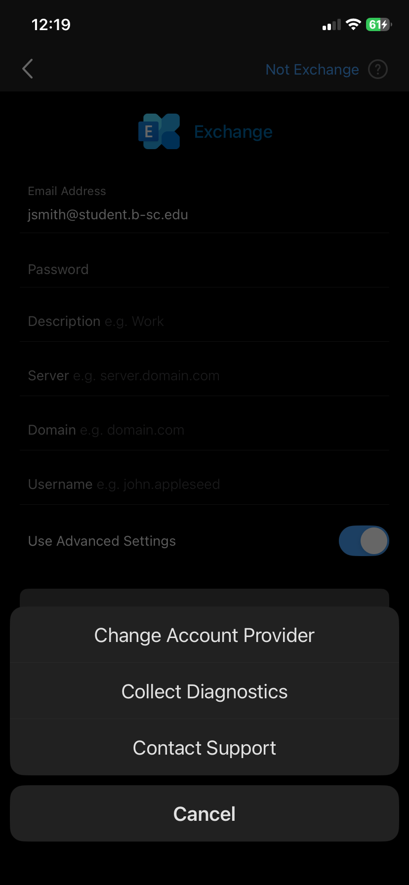 Outlook Exchange setup screen with Not Exchange in the top right corner