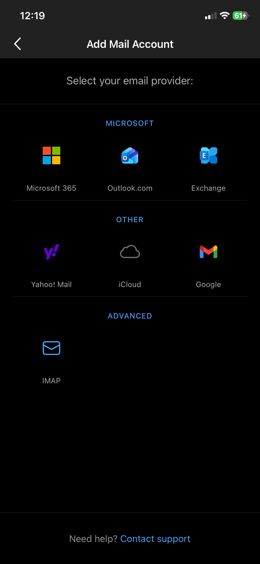 Email provider list with the IMAP option