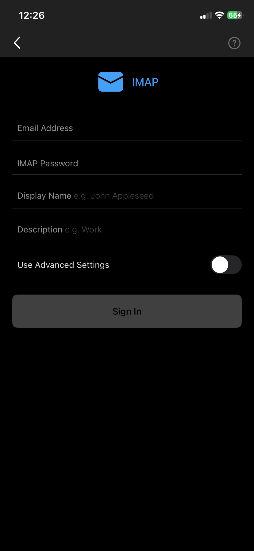 Outlook IMAP screen with the Use Advanced Settings toggle switched off