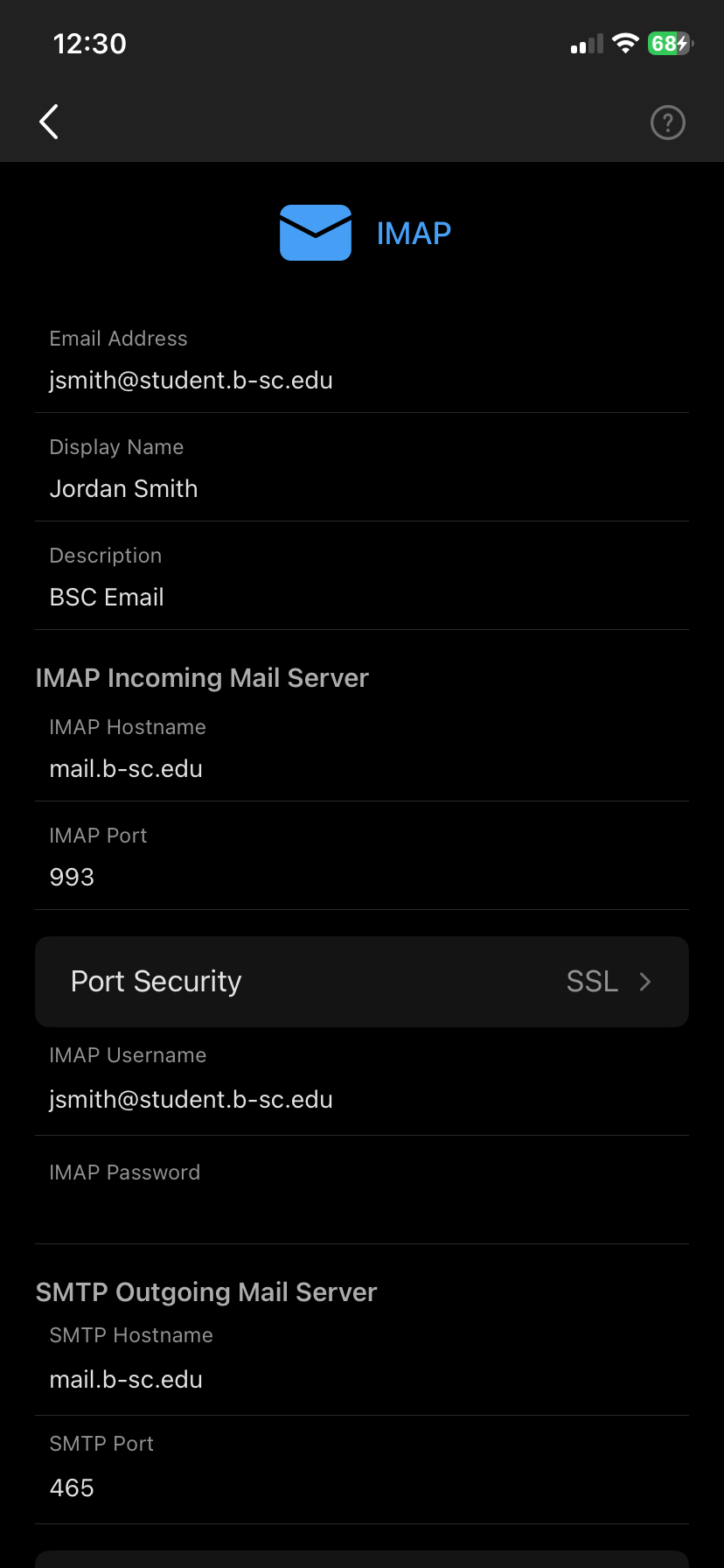 	IMAP settings filled in with hostname mail.b-sc.edu and port 993