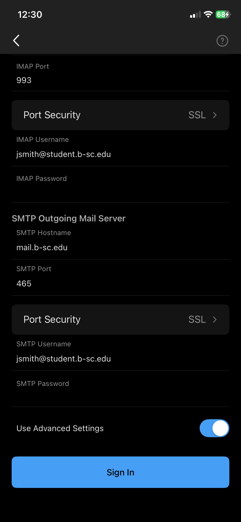 SMTP settings filled in with port 465 and the Sign In button