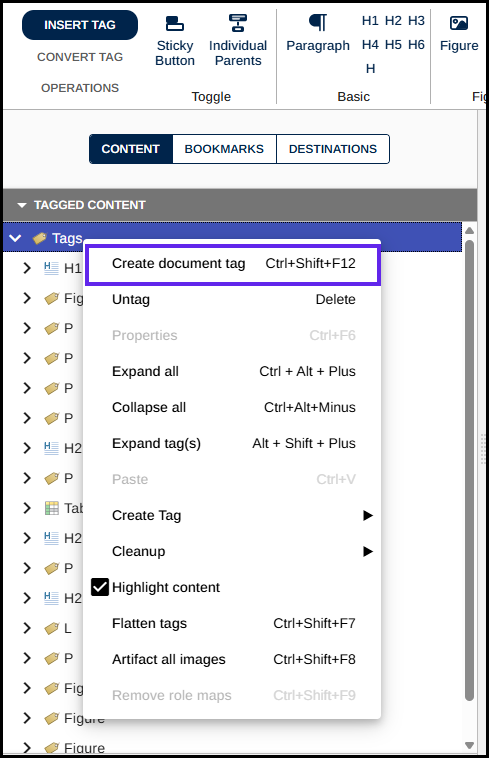 Screenshot of the Tags root context menu open, with Create Document Tag highlighted.