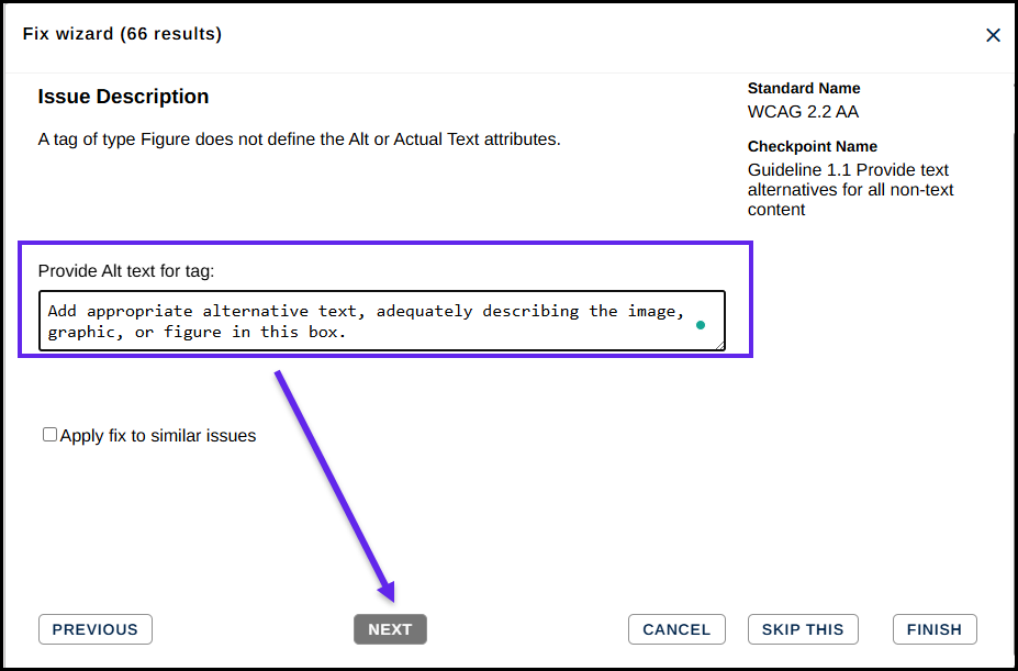 The fix wizard on Step 3 for fixing Figure Tags without Alt text.  The text field to enter alternative text, and the "Finish" button are all highlighted. 