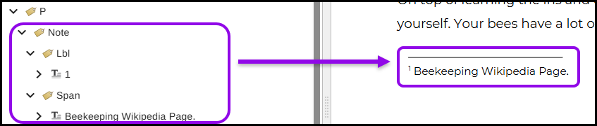 tags tree showing a P tag with note tag nested inside. Inside the note tag there is an Lbl and span tag nested.