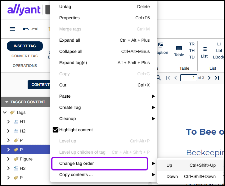 The context menu for a tag is open and the change tag order options are highlighted.