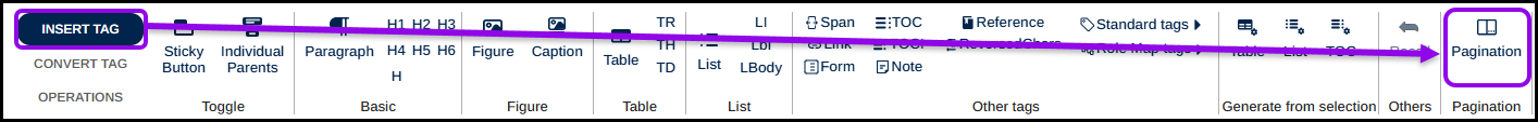The insert tag tab with the pagination button highlighted.