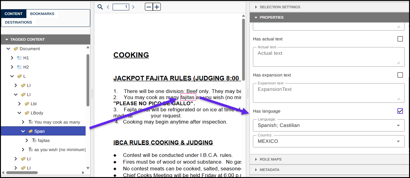 Screenshot of the word Fajitas highlighted in the physical view, in a Span tag in the Tags tree, and the language in the properties is highlighted - set to Spanish. 