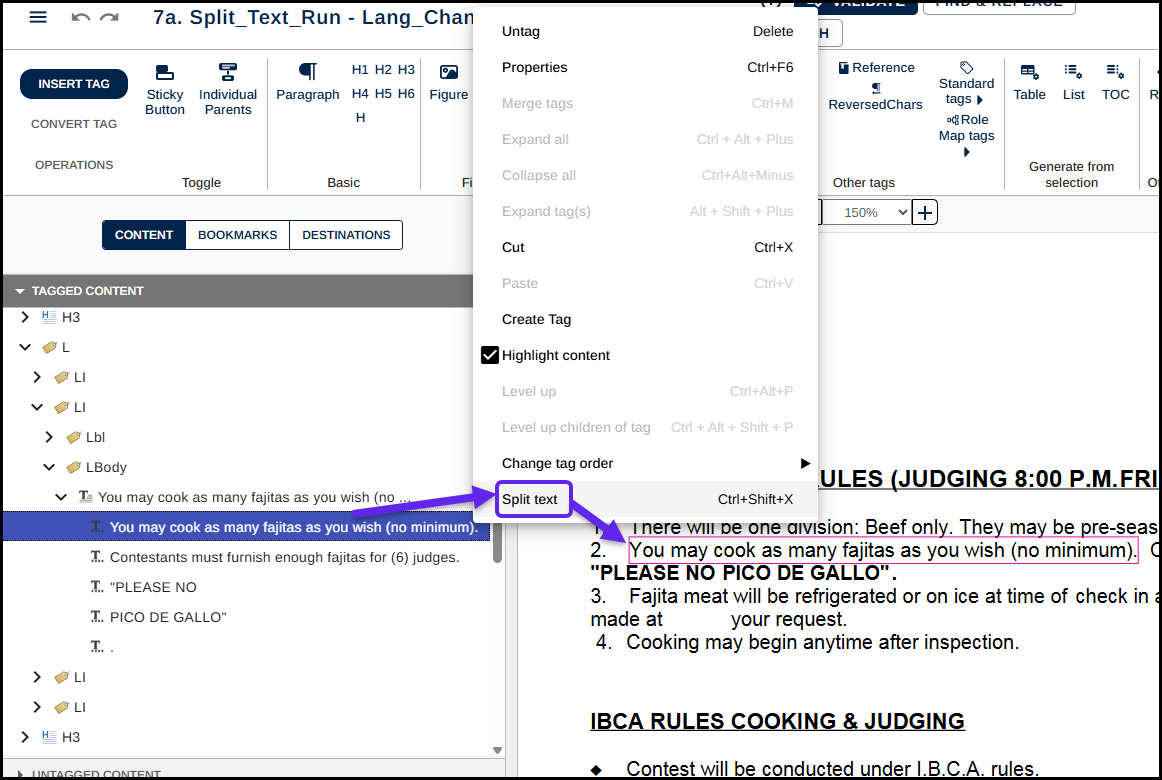 The text run is selected, the context menu is open, and the option to Split text is highlighted.  
