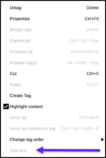 Screenshot of a context menu opened on a text run.  The option for "Split Text" is grayed out. 