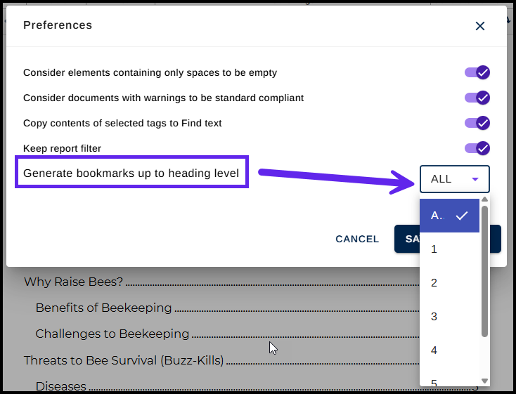 The dropdown menu is open showing the options for generating bookmarks based on heading levels. 