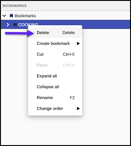 The context menu is open in the Bookmarks panel and the option to Delete the bookmarks is highlighted.  