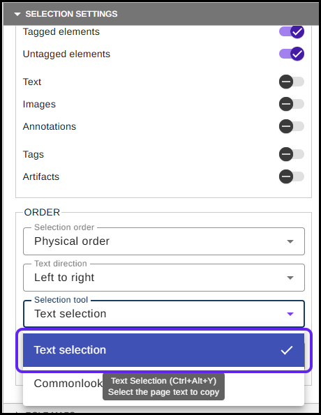 The Text Selection button in the Selection Tool group in the Settings tab 