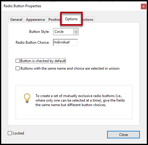 The Radio Button Properties window with the "Options" tab highlighted. 