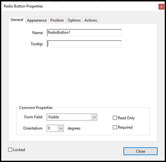 The Radio Button Properties window.  "RadioButton1" is entered in the "Name" text field.  