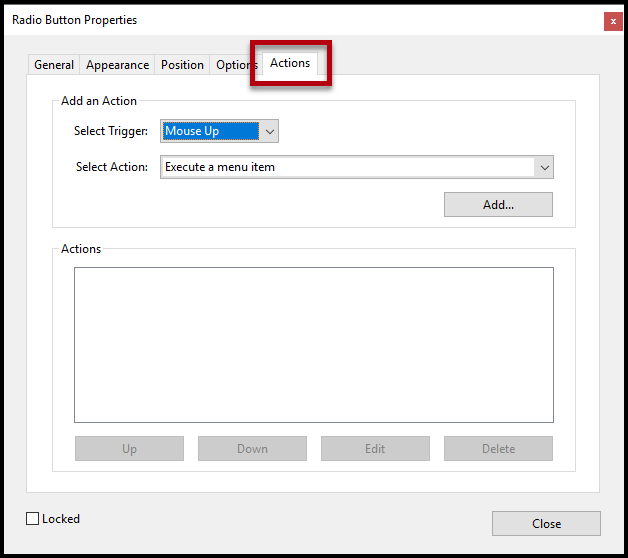 The Radio Button Properties window with the Actions tab highlighted.  
