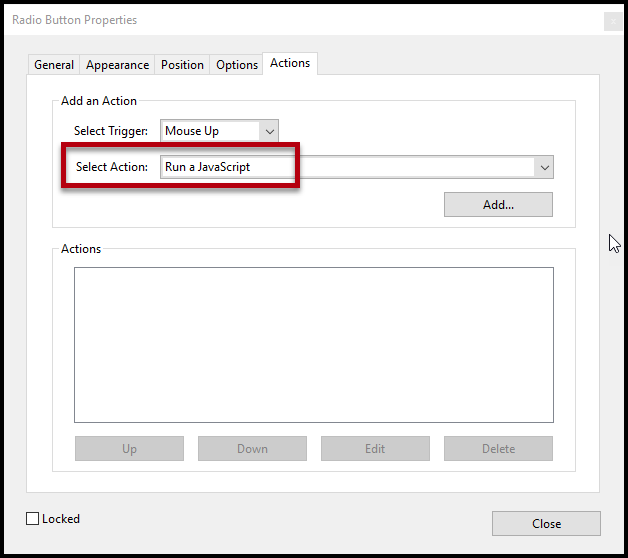 The Select Action menu in the Radio Button Properties window is highlighted and the "Run a JavaScript" option is selected.  