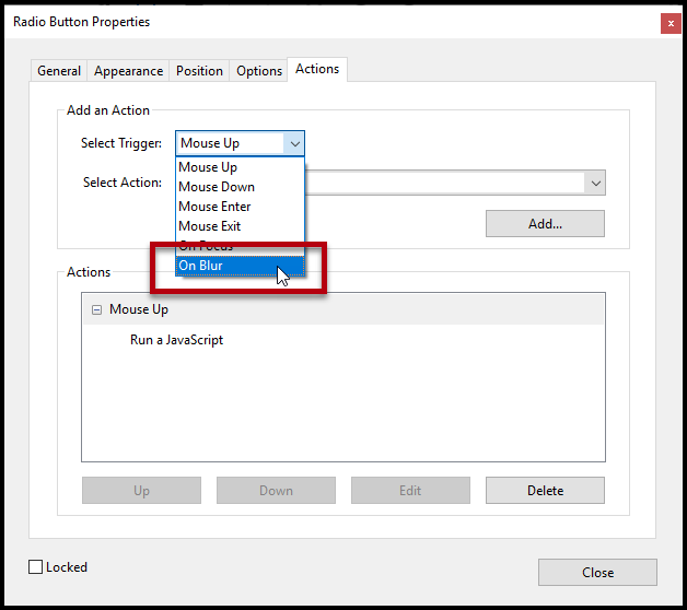The Trigger option of On Blur is highlighted in the Radio Button Properties panel.  