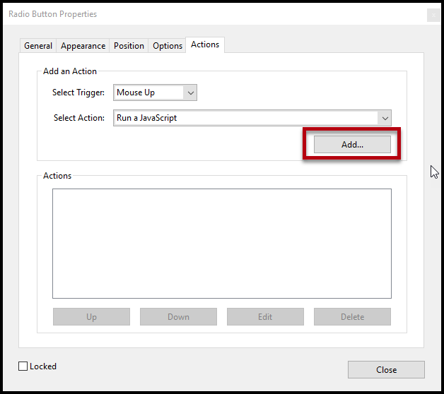 The Add button in the Radio Button Properties window is highlighted.  