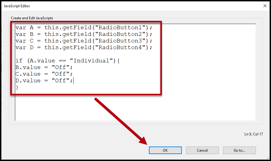 The JavaScript is entered and the OK button is highlighted in the JavaScript Editor window.  