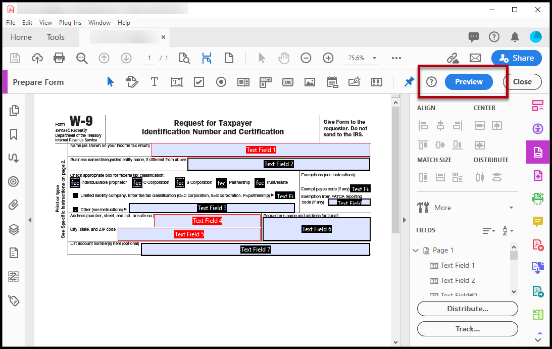 The Preview button is highlighted in the Prepare Form screen in Acrobat. 