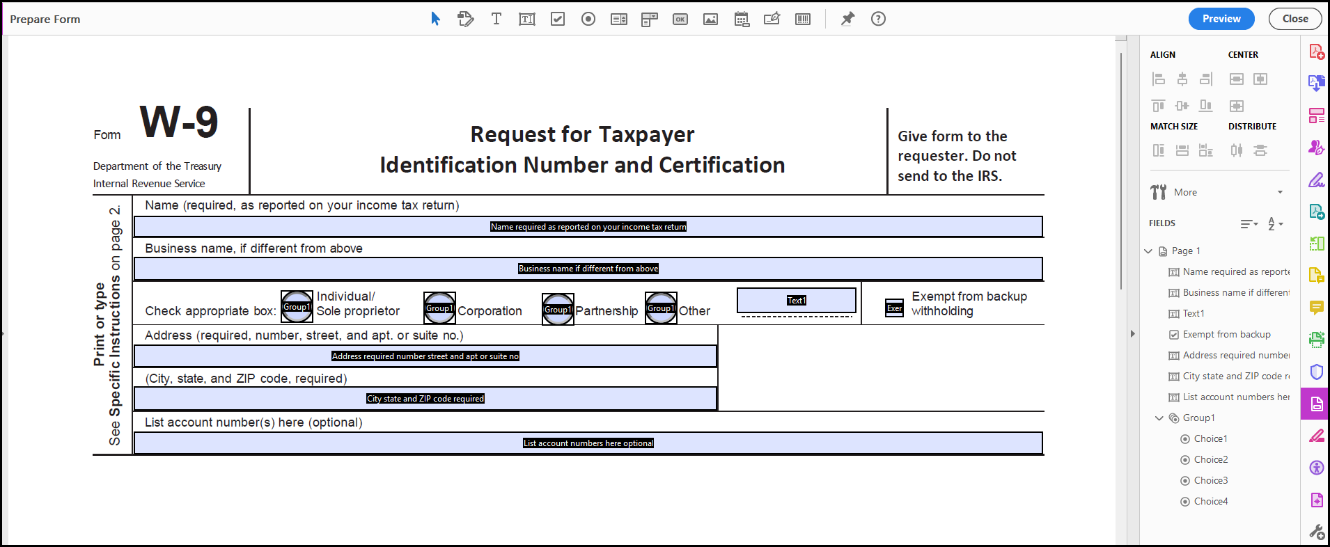 Screenshot of the Prepare Form screen in Acrobat. 