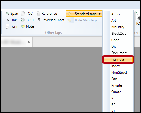 Location of Formula Tag within Standard Tag dropdown menu.