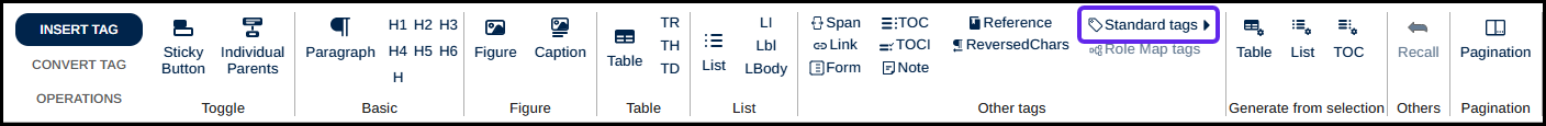 Screenshot of Insert Tag ribbon, showing the location of the standard tags drop-down menu.