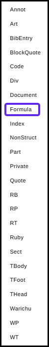 Location of Formula Tag within Standard Tag dropdown menu.