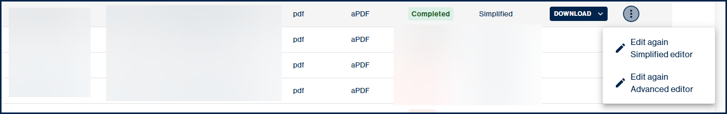 Screenshot highlighting the "hamburger menu" next to the "Download" button for a file, on the Remediations screen. The options to use the Simplified or Advanced Editors are shown. 