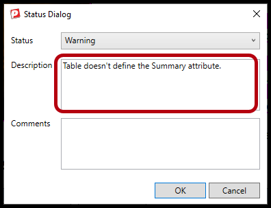 Status Dialog box showing the Description of "Table doesn't define the Summary attribute."
