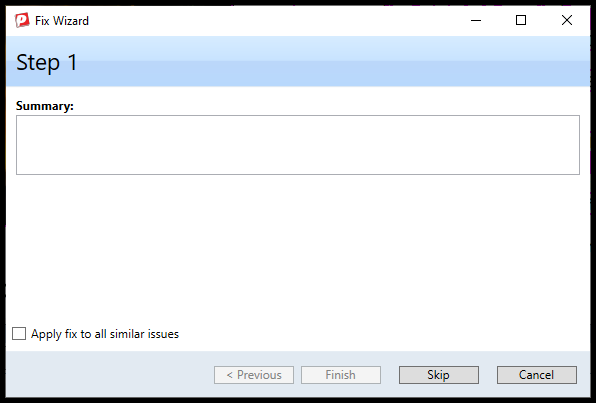Fix Wizard window showing a fillable field for a Table Summary and a Finish button. 