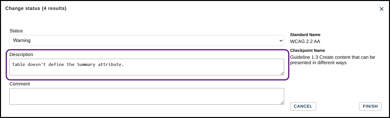 Status Dialog box showing the Description of "Table doesn't define the Summary attribute."