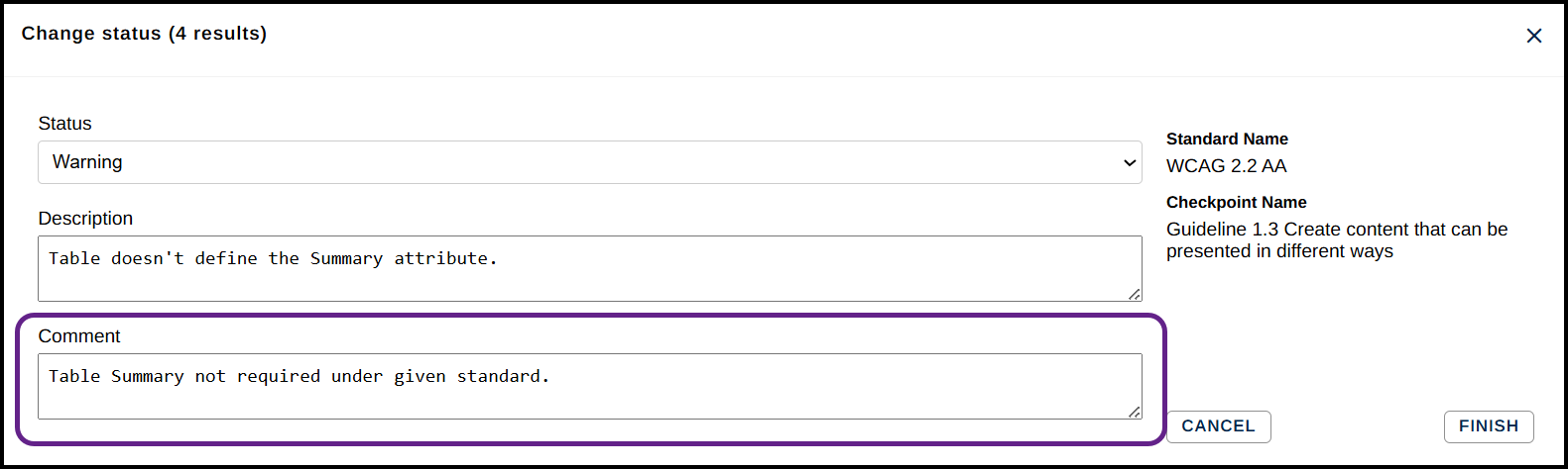 Status Dialog box with a "Table Summary not required under given standard" comment added.