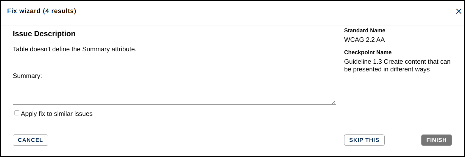 Fix Wizard window showing a fillable field for a Table Summary and a Finish button.