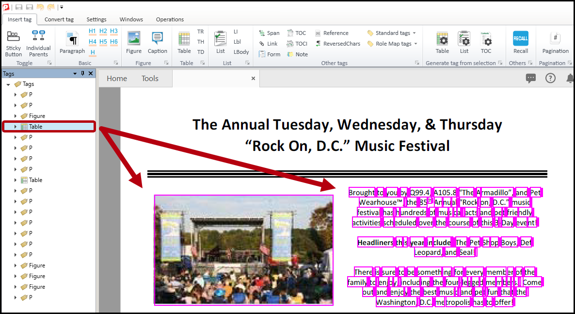 Screenshot showing table tags selected, with a picture and paragraphs highlighted in the physical view.